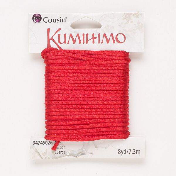 Cord, satin, red, 2mm round. Sold per 8-yard pkg. image number 0