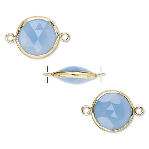 Link, blue chalcedony (dyed) and gold-finished sterling silver, 12mm double-sided faceted round. Sold per pkg of 2.