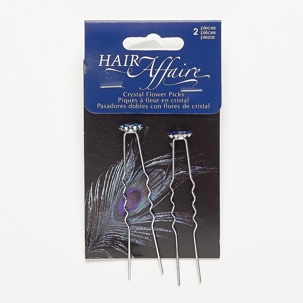 Hair pin, glass rhinestone and silver-finished steel, teal / dark blue / clear AB, 2-1/2 inches with 11x11mm flower. Sold per pkg of 2. image number 0
