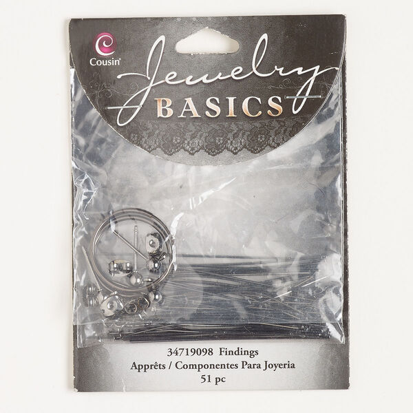Finding and component assortment, steel, pkg/51, head pin / eye pin / earstud / earnut / earring hoop, gunmetal finish. image number 0