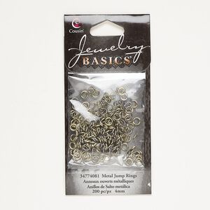 Jump ring mix, gold- and brass-finished steel, 4mm round, 20 gauge, 2.6mm inside diameter. Sold per pkg of 200.