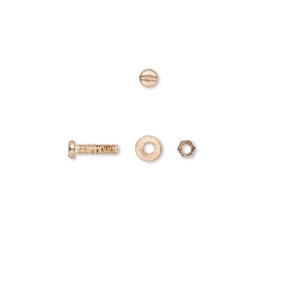 Micro hardware, copper-plated brass, 2.5x1.5mm nut / 4x0.5mm washer / 1/4 inch screw with 1.6mm thread diameter. Sold per pkg of 30. image number 0