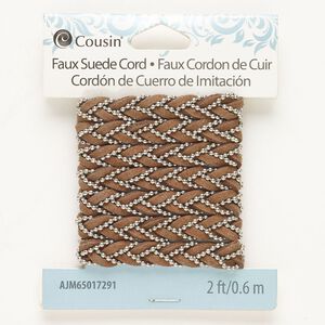Cord, steel and faux leather (dyed), pkg/2 feet, silver finish and brown, 7mm braided.