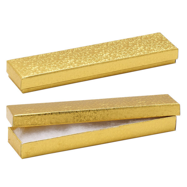 Box, paper, "cotton"-filled, gold, 8-1/8 x 1-7/8 x 7/8 inch rectangle. Sold per pkg of 10. image number 0