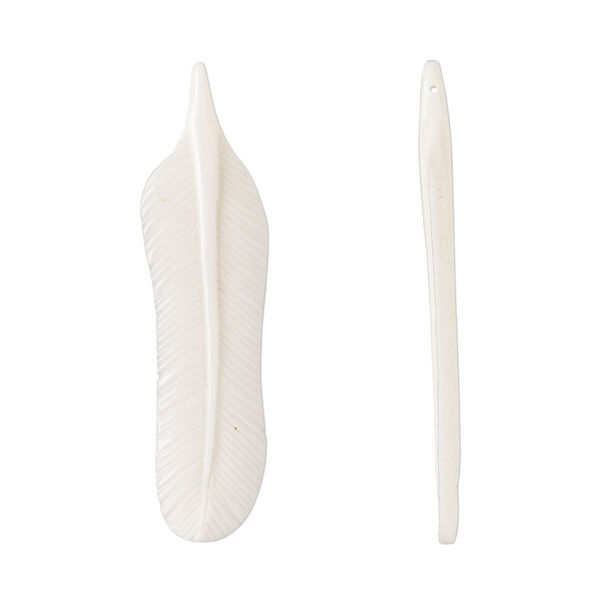 Focal, bone (bleached), 2-1/2 x 2/3 inch hand-cut side-drilled, 2-sided carved feather. Sold individually. image number 0