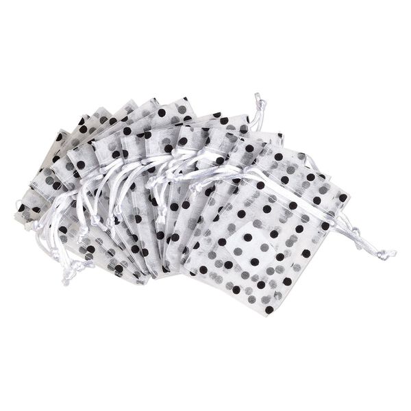 Pouch, flocked organza, white and black, 4x3 inches with dots pattern and drawstring closure. Sold per pkg of 12. image number 0