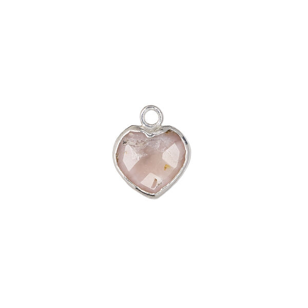 Drop, pink opal (natural) / sterling silver / silver-plated copper, 10mmx10mm hand-cut faceted puffed heart. Sold individually. image number 0
