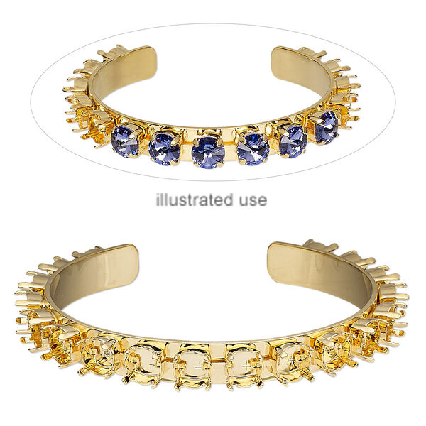 Bracelet, cuff, gold-plated brass, 9mm wide cupchain with (18) SS39 settings, adjustable from 7-1/2 to 8-1/2 inches. Sold individually. image number 0