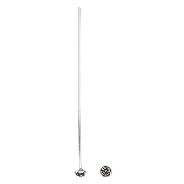 Head pin, antiqued sterling silver, 2-1/4 inches with 4mm flower, 20 gauge. Sold per pkg of 4. image number 0
