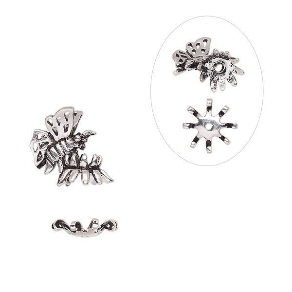 Bead cap, antique silver-plated bronze, 11mm butterfly and 10mm bottom cap, fits 8-10mm bead. Sold per 2-piece set. image number 0