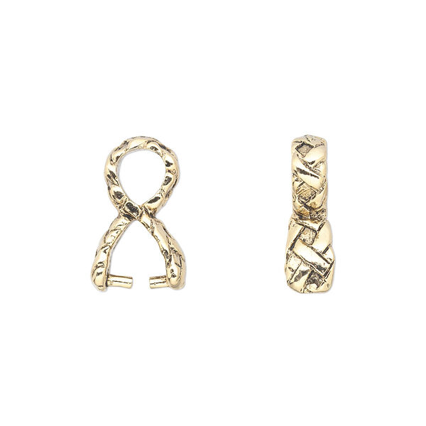 Bail, ice-pick. pewter (tin-based alloy), pkg/1, antique gold plate, 16x10mm with weave design, 5mm grip length. image number 0