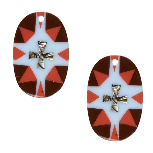 Drop, paua shell and resin, multicolored, 22x14mm single-sided flat oval with cross design. Sold per pkg of 2. image number 0