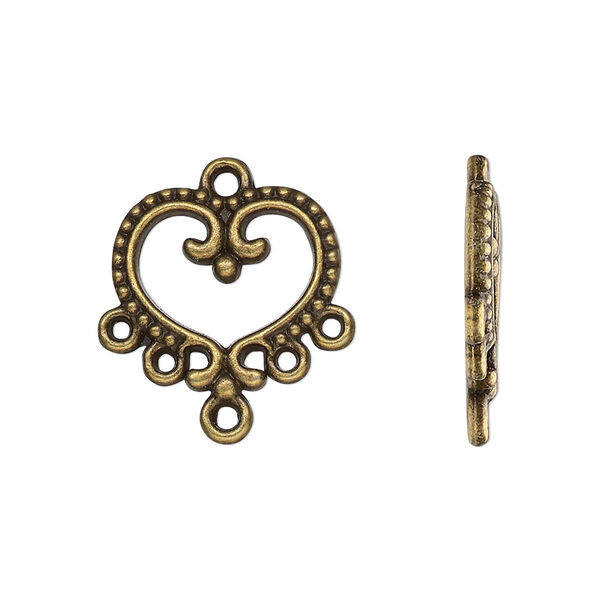 Drop, antique brass-finished "pewter" (zinc-based alloy), 17x16mm single-sided open beaded heart with 5 closed loops. Sold per pkg of 20. image number 0