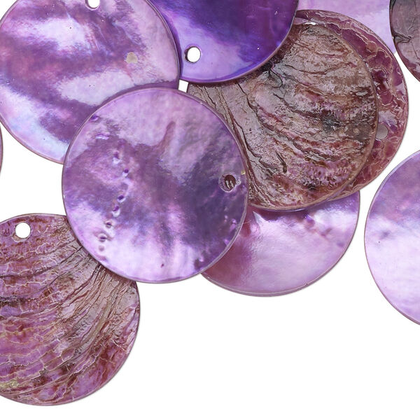 Drop, mussel shell (dyed / coated), light purple, 20mm flat round. Sold per pkg of 25. image number 0
