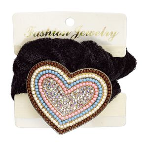 Hair tie, stretch, acrylic / glass rhinestone / velvet / gold-finished "pewter" (zinc-based alloy), multicolored, 53x46mm heart. Sold individually.
