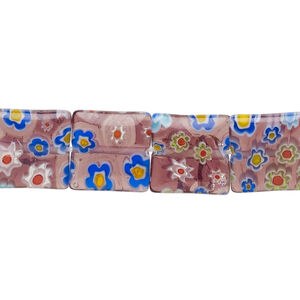 Bead, millefiori glass, translucent purple and multicolored, 12mm puffed square with flower design. Sold per 14-inch strand.