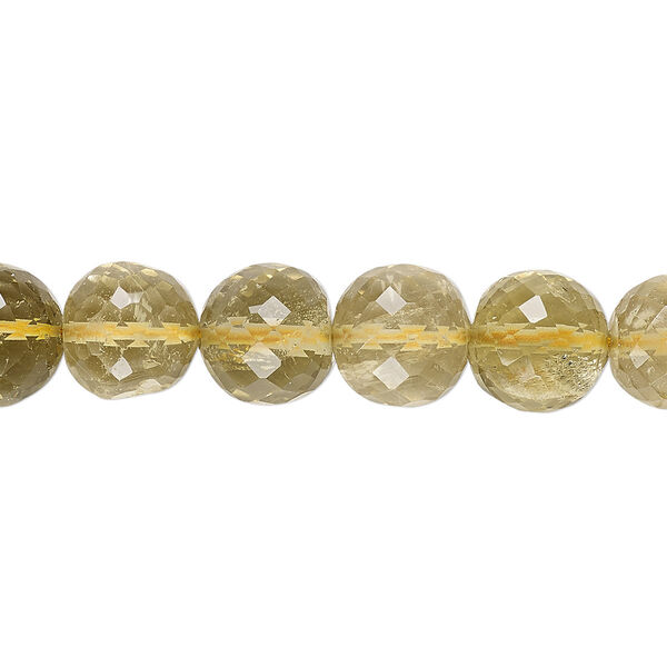 Bead, lemon smoky quartz (heated / irradiated), light to medium, 9-10mm hand-cut faceted round, B grade, Mohs hardness 7. Sold per 8-inch strand. image number 0