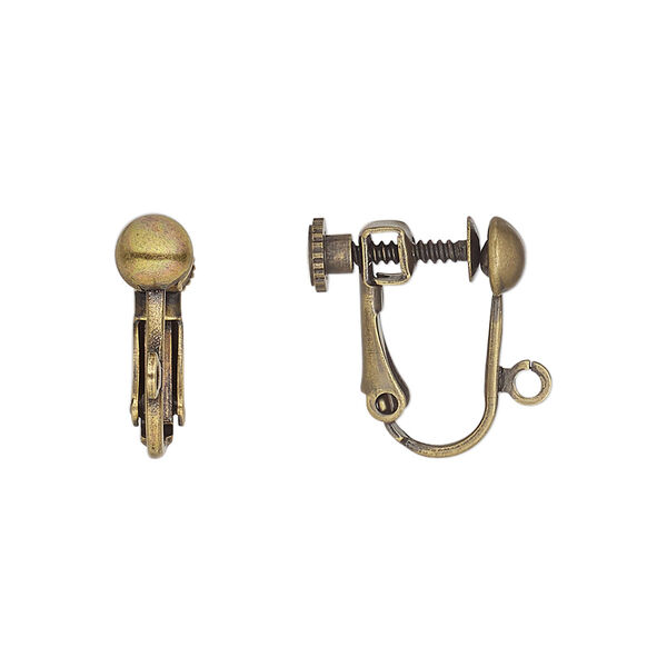 Earring, clip-on, antique gold-plated brass, 15mm hinged screwback with 5mm half ball and open loop. Sold per pkg of 5 pairs. image number 0