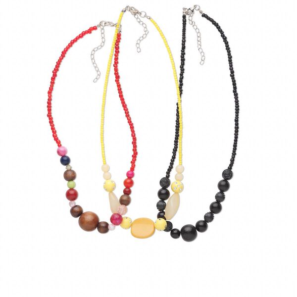 Necklace, acrylic and wood with imitation rhodium plating, multicolored, 18 inches. Sold per pkg of 3. image number 0