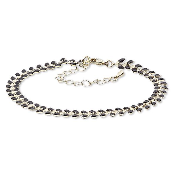Bracelet, epoxy and gold-plated brass, black, 6.5mm wide with wreath design, 7-1/2 inches with 2-inch extender chain and lobster claw clasp. Sold individually. image number 0