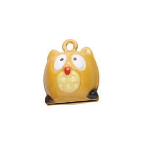 Bell, brass and enamel, multicolored, 17x17mm owl with clapper. Sold per pkg of 6.