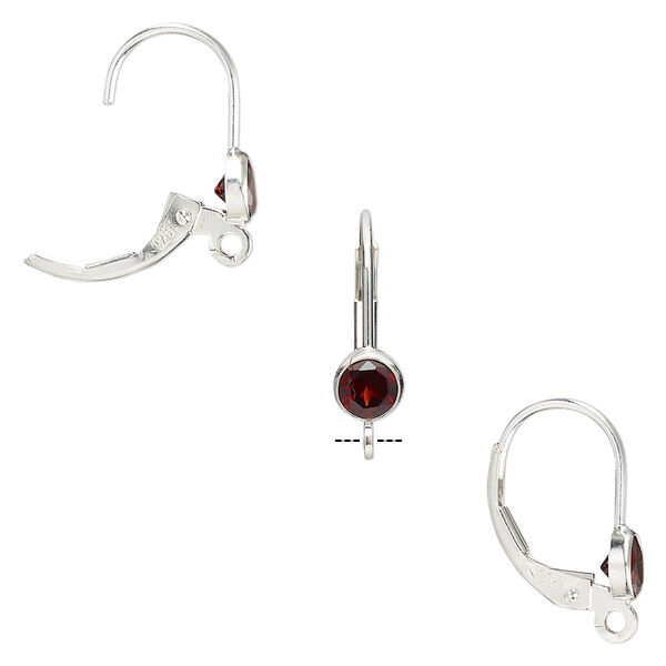 Ear wire, garnet (natural) and sterling silver, 17mm leverback with 4mm faceted round and open loop. Sold per pair. image number 0
