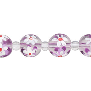 Bead, glass 1pkg8, multicolored, 12mm round with hand-painted flower.