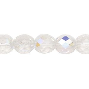 Bead, Czech fire-polished glass, translucent opal AB, 10mm faceted round. Sold per 15-1/2" to 16" strand.