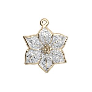 Charm, gold-finished "pewter" (zinc-based alloy) and enamel, white with silver-colored glitter, 22mm single-sided poinsettia. Sold per pkg of 2.