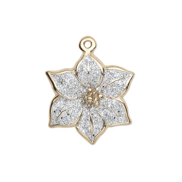 Charm, gold-finished "pewter" (zinc-based alloy) and enamel, white with silver-colored glitter, 22mm single-sided poinsettia. Sold per pkg of 2. image number 0