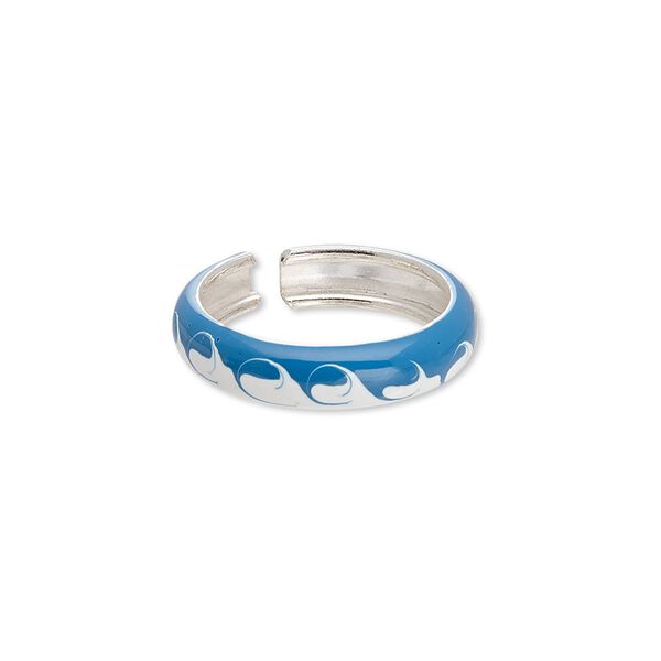 Ring, sterling silver and enamel, blue and white, 4mm wide with wave design, adjustable. Sold individually. image number 0