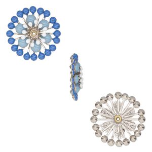 Component, epoxy and silver-finished copper, white / blue-grey / dark blue, 25mm center-drilled single-sided flower. Sold per pkg of 2.