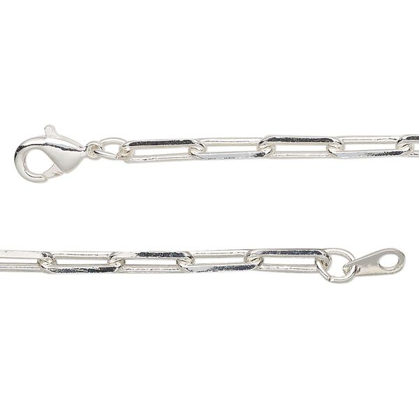 Chain, silver-plated brass, 3.3mm paperclip, 18 inches with lobster claw clasp. Sold individually. image number 0