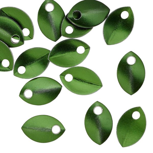 Component, anodized aluminum, dark green, 11x7mm 2-sided curved scale blank with 1.5mm hole, 20 gauge. Sold per pkg of 20. image number 0