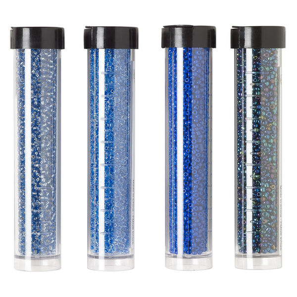 Seed bead assortment, Ming Tree™, glass, pkg/(4) 4 x 3/4 inch vials, #11 round, opaque and transparent silver-lined iris blue. image number 0