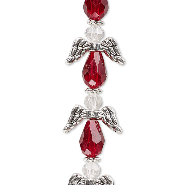 Bead, crystal and antique silver-plated "pewter" (zinc-based alloy), transparent red and clear, 17x14mm angel. Sold per pkg of 6. image number 0