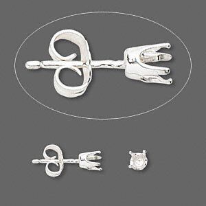 Earstud 1pkg2 Sure-Set™ sterling silver, 4mm round pre-notched 4-prong setting / earnuts, 1 pair