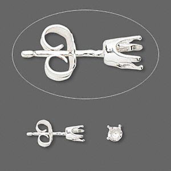 Earstud, Sure-Set™, sterling silver, 4mm 4-prong round setting. Sold per pair. image number 0