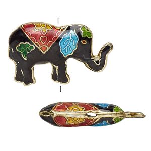 Bead, enamel and gold-finished copper, multicolored, 31x19mm elephant. Sold per pkg of 4.