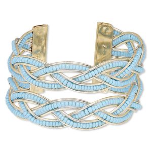 Bracelet, cuff, glass and gold-finished steel, turquoise blue, 35mm wide with braided design, adjustable from 6-1/2 to 7-1/2 inches. Sold individually.