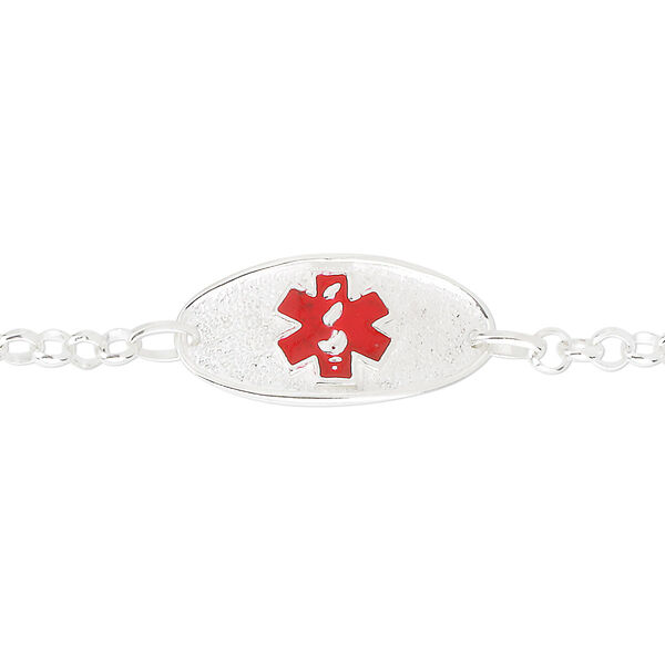 Bracelet, medical alert ID, enamel and sterling silver, red, 13.5mm wide with 28x13.5mm oval and caduceus, 6-1/2 inches with lobster claw clasp. Sold individually. image number 0