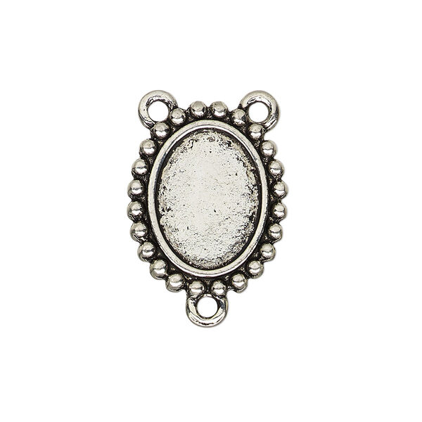 Connector, antique silver-finished "pewter" (zinc-based alloy), 20.5x17mm double-sided oval rosary with beaded design and 14.5x11mm non-calibrated oval cabochon glue-in setting. Sold per pkg of 4. image number 0