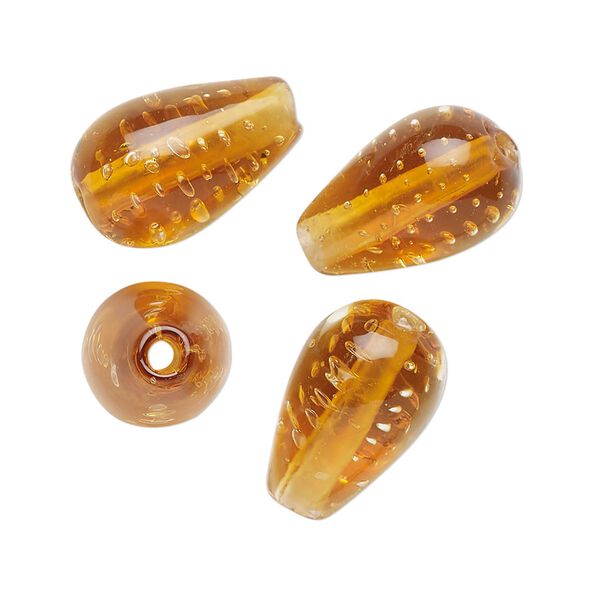 Bead, lampworked glass, translucent gold, 17x11mm teardrop. Sold per pkg of 4. image number 0