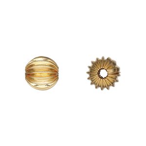 Bead, gold-plated brass, 9.5mm corrugated round. Sold per pkg of 10.