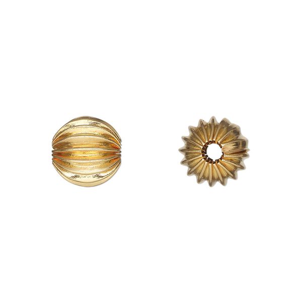 Bead, gold-plated brass, 9.5mm corrugated round. Sold per pkg of 10. image number 0
