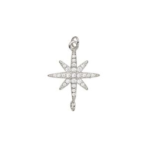 Charm, cubic zirconia and imitation rhodium-plated brass, clear, 16x15.5mm single-sided star with 3.5mm open jump ring. Sold per pkg of 2.