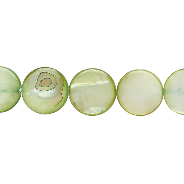 Mother-of-pearl shell 1pkg1, puffed flat round bead 15 inch fern green 11-12mm image number 0