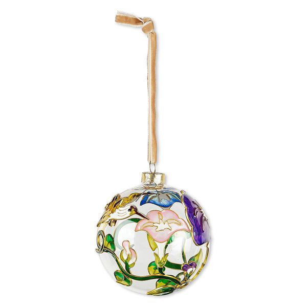Ornament, glass / enamel / velveteen ribbon / gold-finished copper / brass / steel, clear and multicolored, 3-inch round with hummingbird / flower / leaf design. Sold individually. image number 0