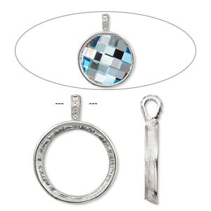 Pendant, Almost Instant Jewelry®, crystals and imitation rhodium-plated "pewter" (zinc-based alloy), crystal clear, 44x34mm single-sided smooth round with 30mm round setting. Sold individually.