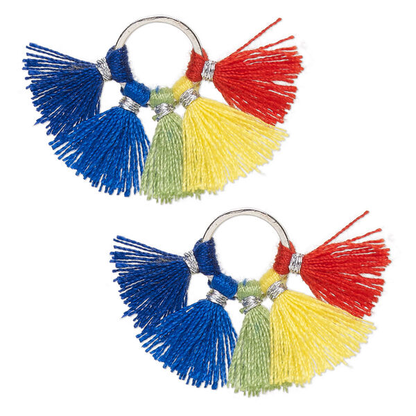 Component, cotton and silver-finished brass, multicolored rainbow, 28x20mm tassel. Sold per pkg of 2. image number 0